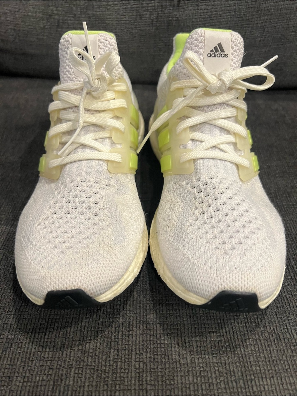 adidas White Knit Sneakers with Neon Yellow Accents
